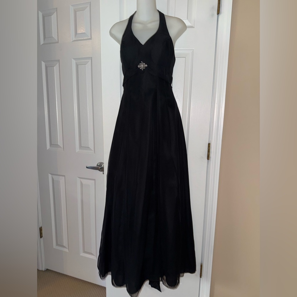 Wedding bridesmaid evening gown Black Halter Dress rhinestone small mori Lee